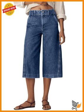 Wide Leg High Waisted Capris Jeans with Slanted Pockets Stretchy Denim
